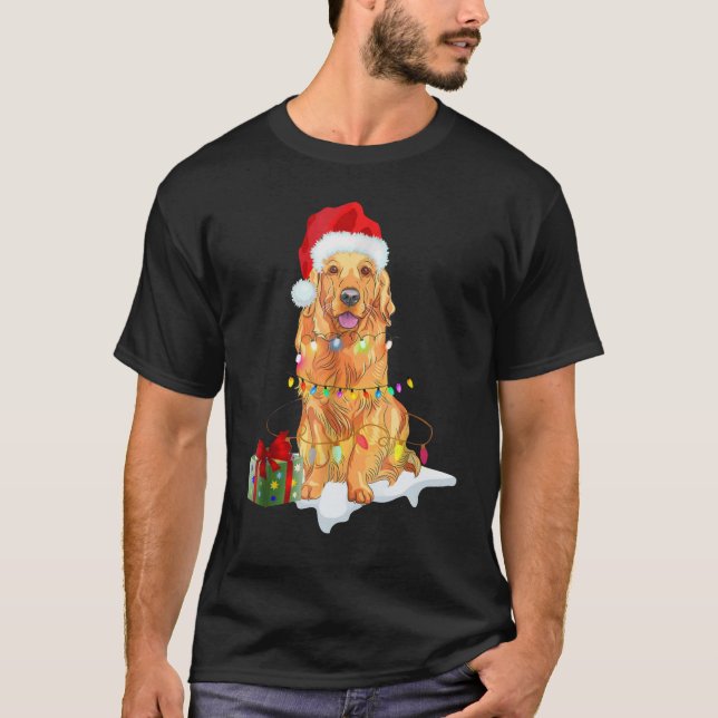 Santa Golden Retriever Christmas Lights Xmas Gift T-Shirt (Front)