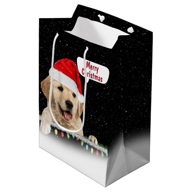 Santa Golden Retriever in Snowflakes Medium Gift B Bag (Front Angled)