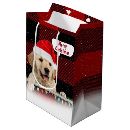 Santa Golden Retriever On Plaid Medium Gift Bag