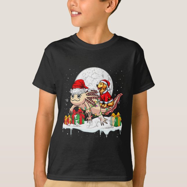 Santa Golden Retriever Riding Axolotl Christmas Ow T-Shirt (Front)