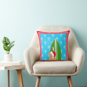 Santa Golden Surfboard Dog Seagull Christmas Throw Pillow