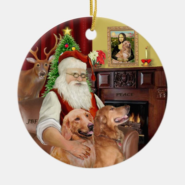 Santa - GoldenRetriever (TWO-B) Ceramic Ornament (Front)