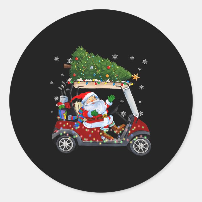 Santa Golf Cart Christmas Tree Lights Xmas Golfer  Classic Round Sticker (Front)