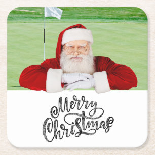 Santa golfer on green Christmas Party Square Paper Coaster