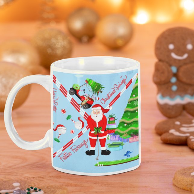 Santa Golfing by Christmas Tree Coffee Mug (A funny golf Santa mug! Perfect for the golfing family who loves to practice their putting. )