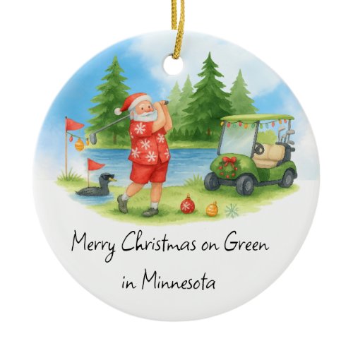 Santa Golfing in Minnesota Holiday  Ceramic Ornament