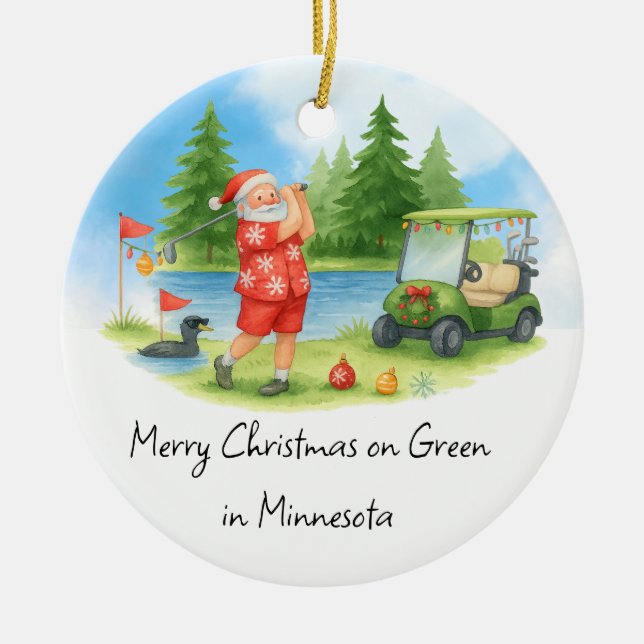 Santa Golfing in Minnesota Holiday  Ceramic Ornament (Front)