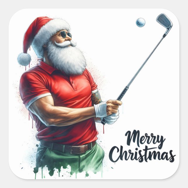Santa Golfing in Winter Gear Square Sticker (Front)
