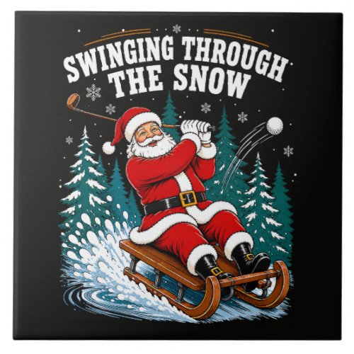 Santa Golfing Merry Christmas Golfer Ceramic Tile