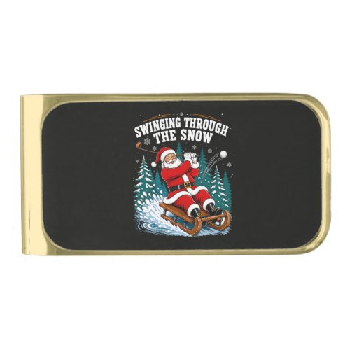 Santa Golfing Merry Christmas Golfer Gold Finish Money Clip