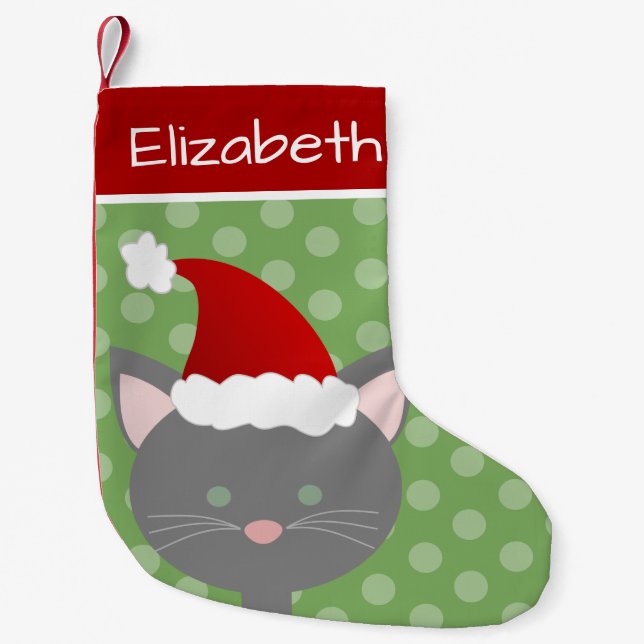Santa Gray Kitty Small Christmas Stocking (Front)