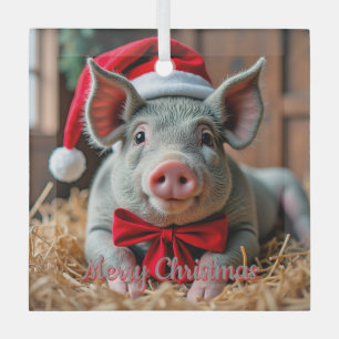 Santa Gray Pig Glass Ornament