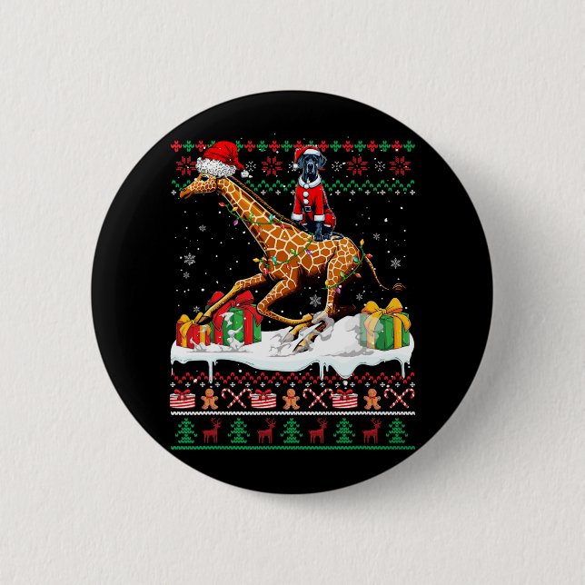 Santa Great Dane Riding Giraffe Christmas Sweater  Button (Front)
