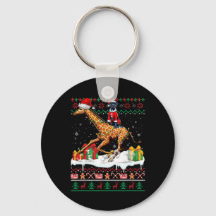Santa Great Dane Riding Giraffe Christmas Sweater Keychain