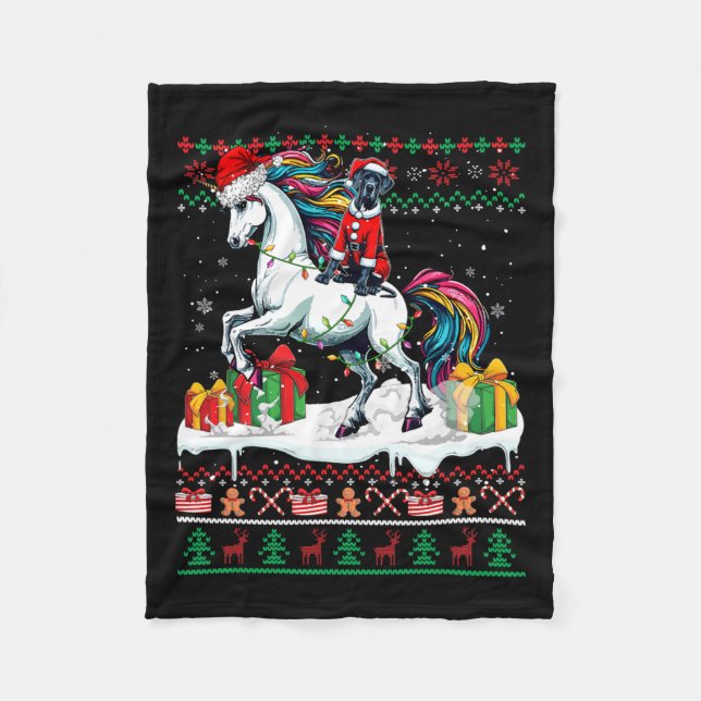 Santa Great Dane Riding Unicorn Christmas Sweater  Fleece Blanket (Front)