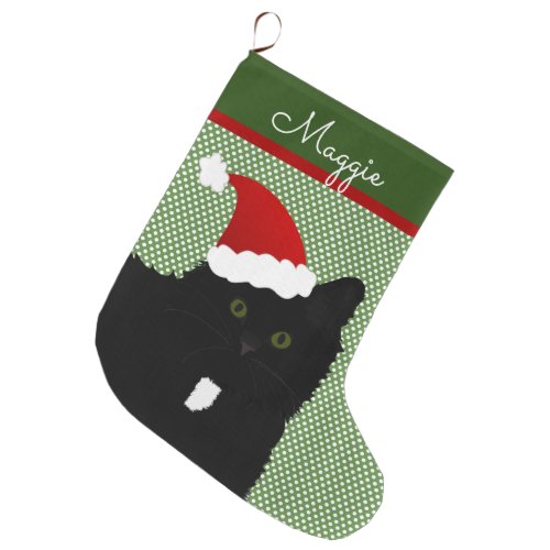 Santa Green Eyes Long Hair Black Cat Large Christmas Stocking