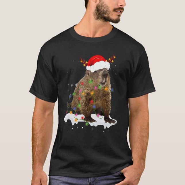 Santa Groundhog Animal Christmas Lights  Christmas T-Shirt (Front)