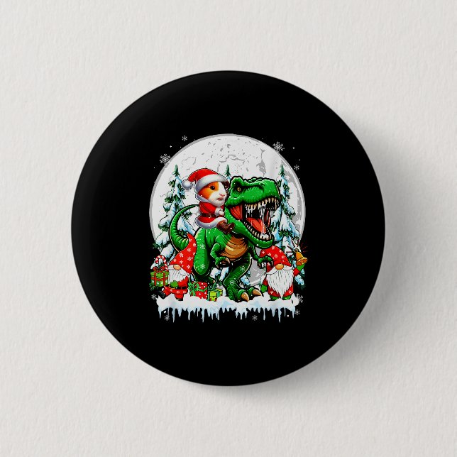 Santa Guinea G Riding T-rex Gnomes Christmas Trees Button (Front)