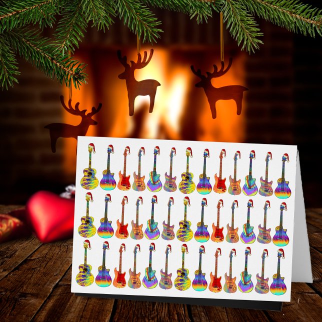 Santa Guitars Colorful Fun Festive Pattern Cards (Christmas guitar pattern music themed fun holiday card)