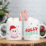 Santa Happy Face Personalized Jolly Vibes Coffee Mug<br><div class="desc">This happy face Santa is the perfect gift for the holidays! It's personalized with your name and features a pink happy face with a Santa hat and cute starburst details on one side and the Text Jolly Vibes in a retro font on the other. It's a great way to show...</div>