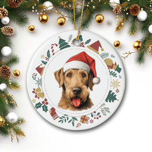 Santa Hat Airedale Terrier Christmas Images Wreath Ceramic Ornament