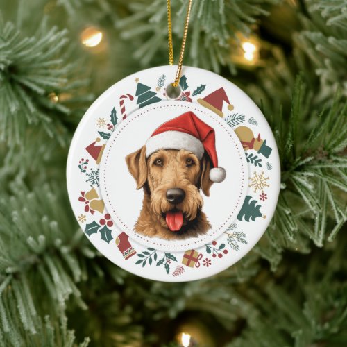 Santa Hat Airedale Terrier Christmas Images Wreath Ceramic Ornament