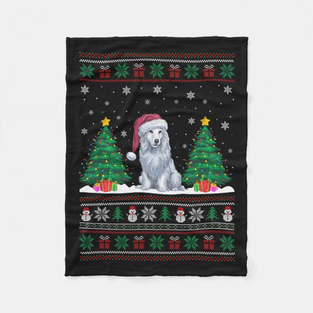 Santa Hat Akbash Dog Christmas Tree Lights Ugly Sw Fleece Blanket (Front)