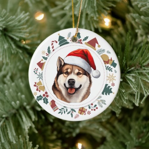 Santa Hat Akita Dog Christmas Images Wreath Ceramic Ornament