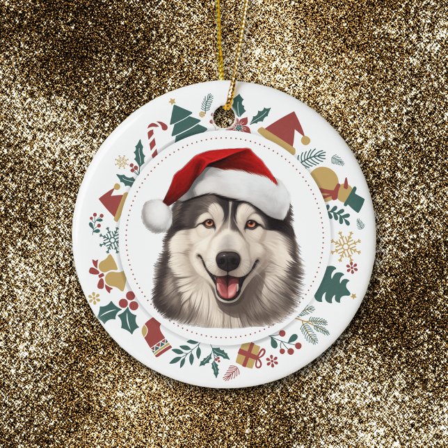 Santa Hat Alaskan Malamute Christmas Images Wreath Ceramic Ornament (Creator Uploaded)