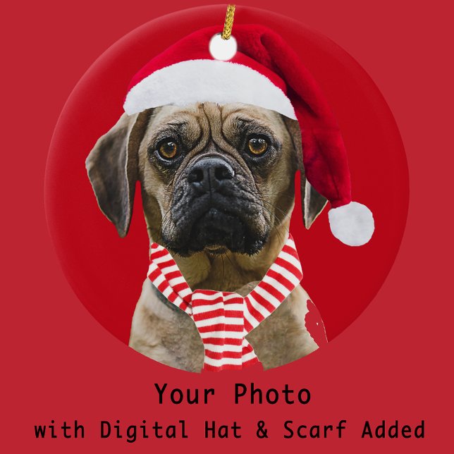 Santa Hat and Scarf with Photo Christmas Dog Ceramic Ornament (Creator Uploaded)