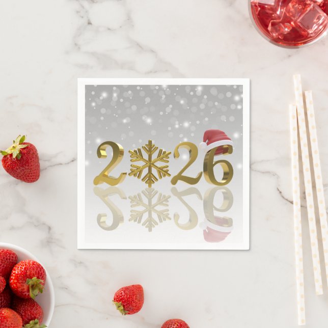 Santa Hat and Snowflake | Happy New Year Gold 2026 Napkins (Insitu)