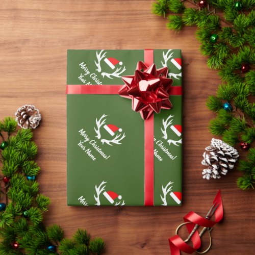 Santa hat and vintage reindeer antlers Christmas Wrapping Paper