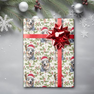 Santa Hat Australian Cattle Dog Christmas Holly Wrapping Paper