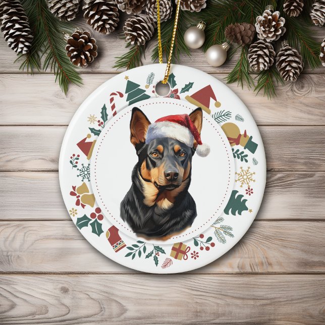 Santa Hat Australian Kelpie Dog Christmas Wreath Ceramic Ornament (Creator Uploaded)