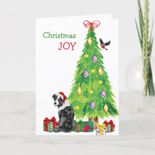 Santa Hat Australian Shepherd and Christmas Tree Holiday Card