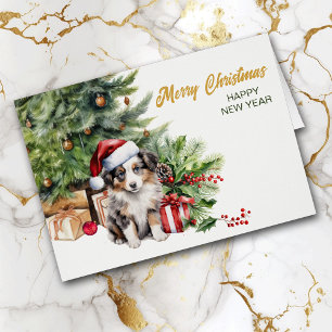 Santa Hat Australian Shepherd Puppy Dog Christmas Cards
