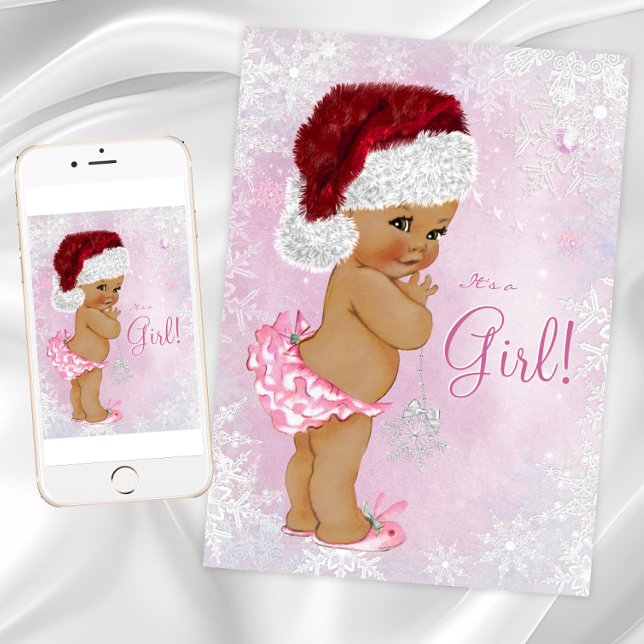 Santa Hat Baby Girl Winter Wonderland Baby Shower Invitation (Girl Christmas baby shower invitation with cute baby girl wearing Santa hat with snowflake back.)