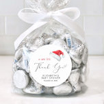 Santa Hat Baby Shower Thank You Classic Round Sticker<br><div class="desc">Cute sticker for your Christmas holiday season baby shower party favors and thank you cards featuring "A Sweet Little Thank You" in an elegant script with a heart swash and a watercolor illustration of a red Santa Claus hat. Personalize with the mother's name and shower date in simple modern typography....</div>