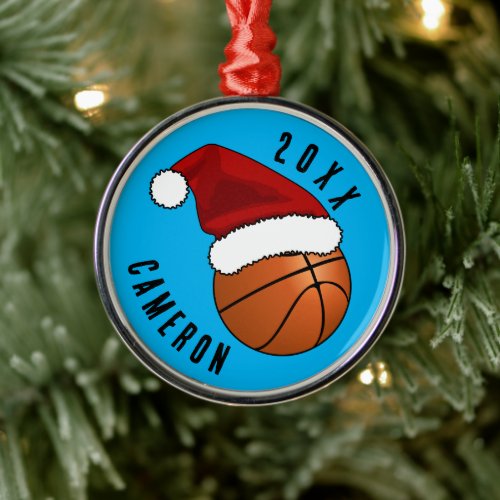 Santa Hat Basketball Christmas Metal Ornament