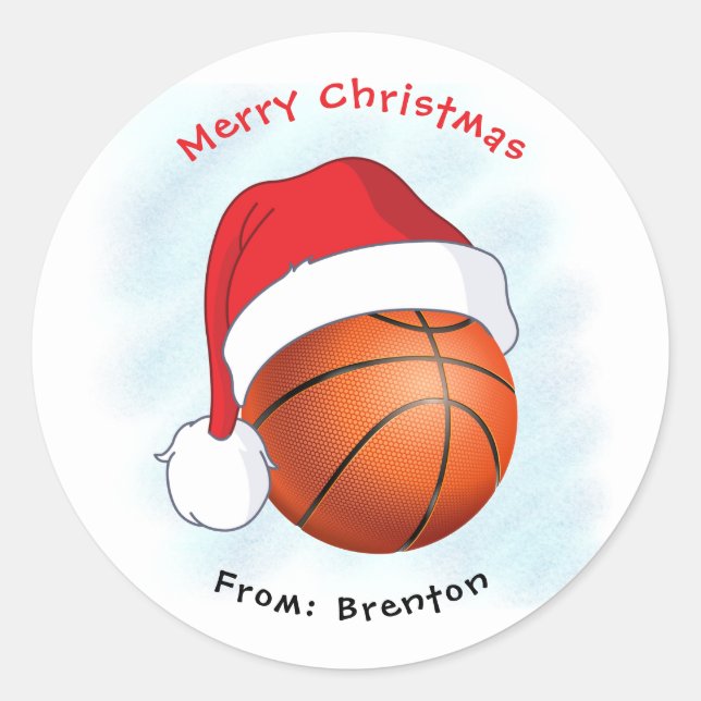 Santa Hat Basketball Merry Christmas Classic Round Sticker (Front)