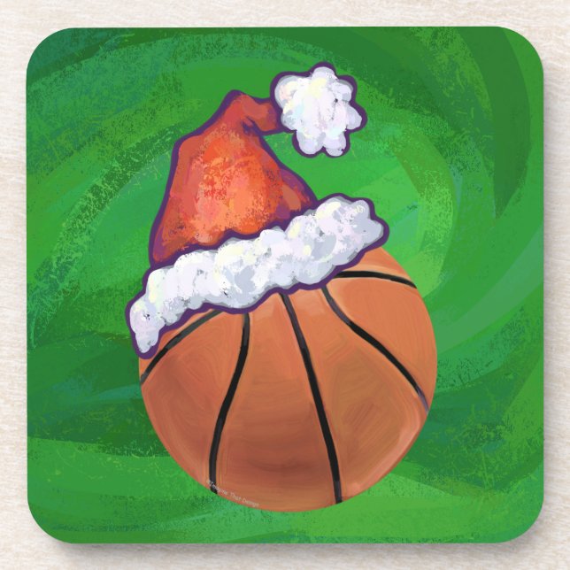 Santa Hat Basketball on Green Beverage Coaster (Front)