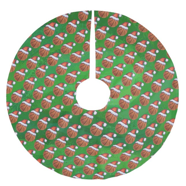 Santa Hat Basketball on Green Brushed Polyester Tree Skirt (Front)
