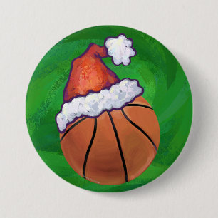 Santa Hat Basketball on Green Button