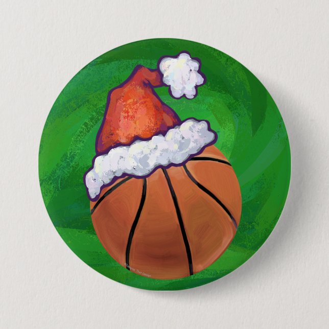 Santa Hat Basketball on Green Button (Front)