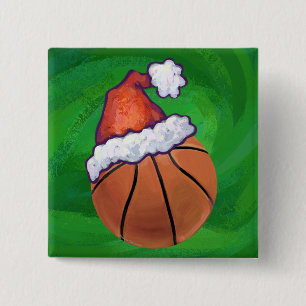 Santa Hat Basketball on Green Button