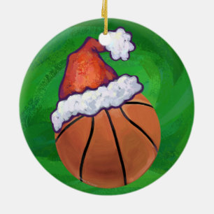 Santa Hat Basketball on Green Ceramic Ornament