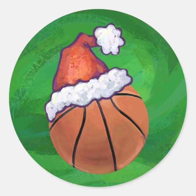 Santa Hat Basketball on Green Classic Round Sticker (Front)