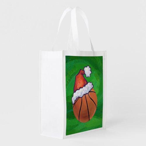 Santa Hat Basketball on Green Grocery Bag