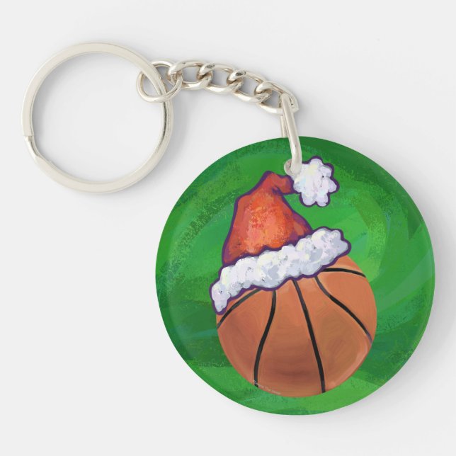 Santa Hat Basketball on Green Keychain (Front)