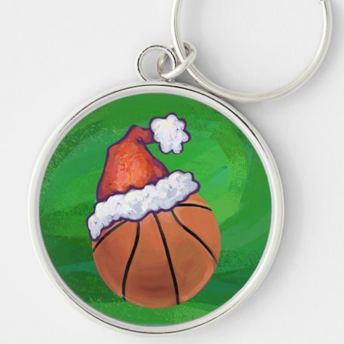 Santa Hat Basketball on Green Keychain